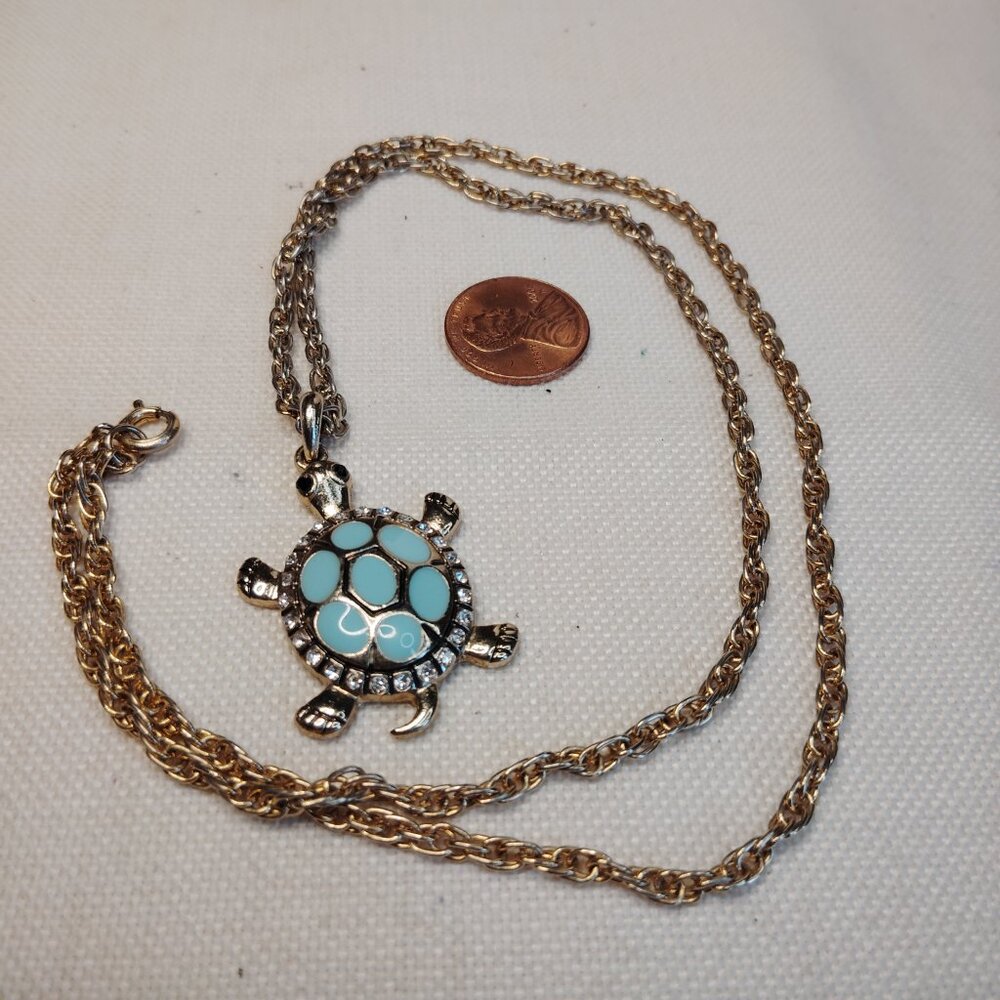 Blue Enamel Turtle Pendant Necklace Gold Tone 24 Inches